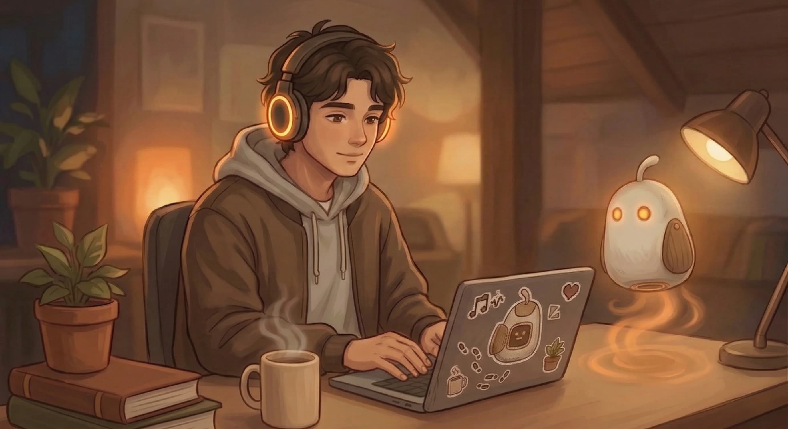 THE LISTENER with glowing amber headphones in The Listening Room