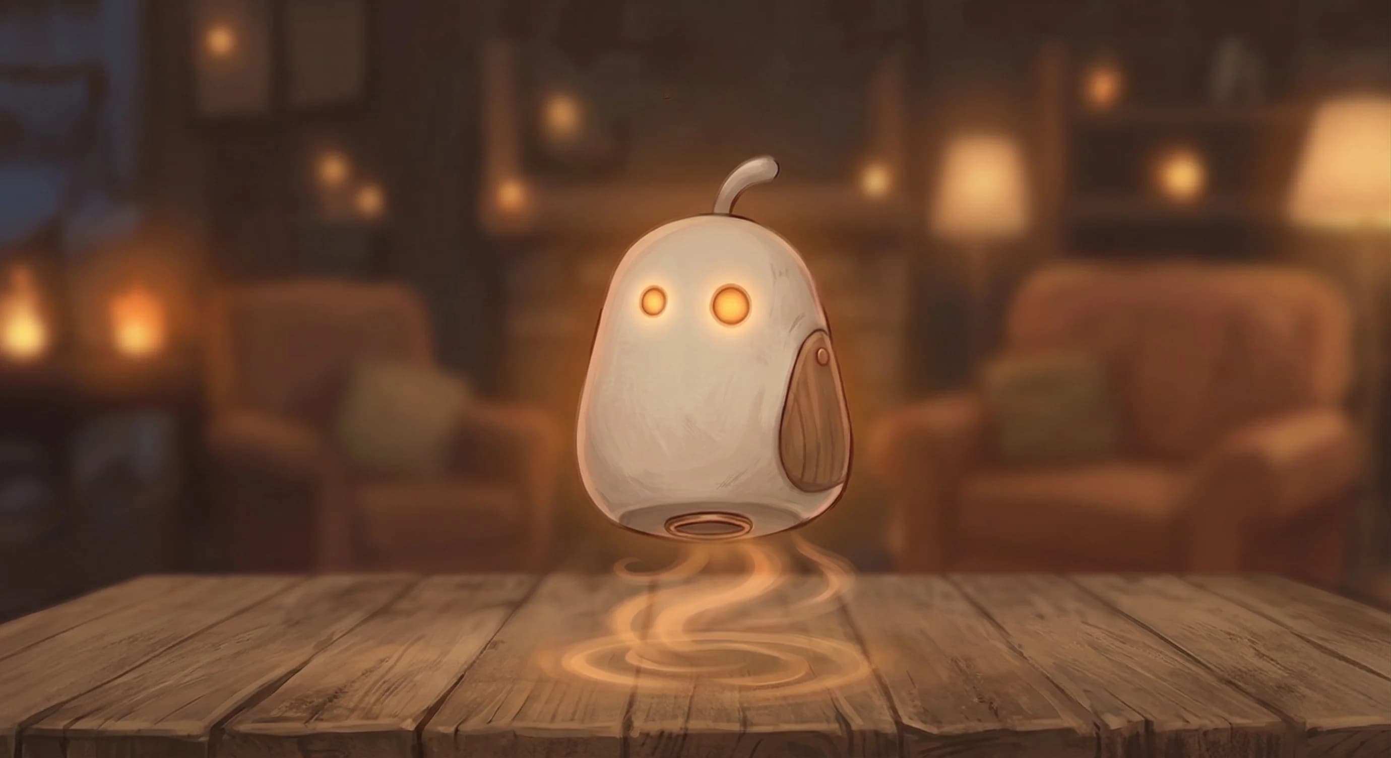 PIP — a small ceramic robot companion with twin amber eyes, hovering above a warm wooden desk